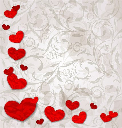 simsearch:400-08339075,k - Illustration set crumpled paper hearts on grunge floral background - vector Foto de stock - Super Valor sin royalties y Suscripción, Código: 400-07631701