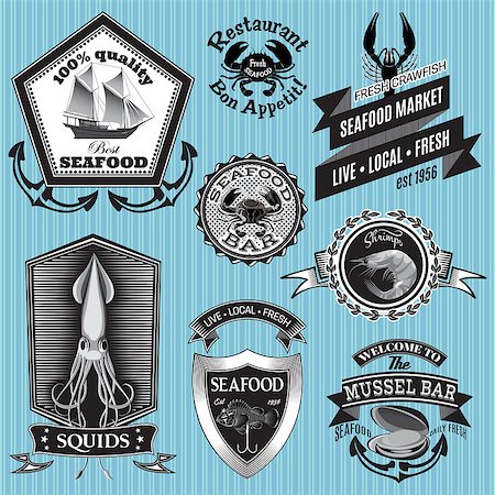 shrimp icon - set of vector labels on the topic seafood Stock Photo - Budget Royalty-Free & Subscription, Code: 400-07631772