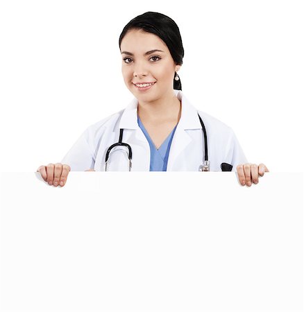 simsearch:400-05745246,k - Stock image of female doctor holding blank sign over white background Photographie de stock - Aubaine LD & Abonnement, Code: 400-07631785