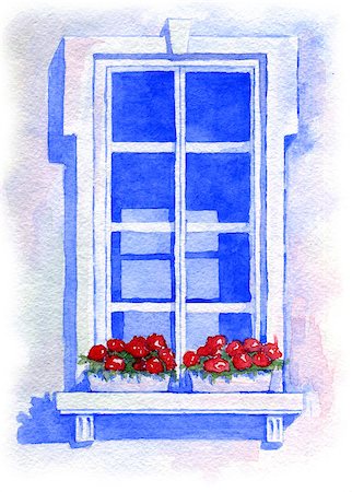 Window with flowers. Watercolor illustration Stock Photo - Budget Royalty-Free & Subscription, Code: 400-07632004