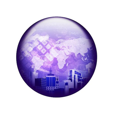 simsearch:400-07558184,k - Skyscrapers with world map. Spherical glossy button. Web element Stock Photo - Budget Royalty-Free & Subscription, Code: 400-07632092
