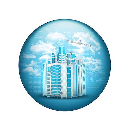 simsearch:400-07558184,k - Skyscrapers with airplane. Spherical glossy button. Web element Stock Photo - Budget Royalty-Free & Subscription, Code: 400-07632129