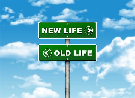 simsearch:400-07677344,k - Crossroads road sign. Pointer to the right NEW LIFE, but OLD LIFE left. Choice concept Stock Photo - Budget Royalty-Free & Subscription, Code: 400-07632258