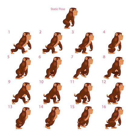 Animation of gorilla walking. Sixteen walking frames + 1 static pose. Vector cartoon isolated character/frames. Photographie de stock - Aubaine LD & Abonnement, Code: 400-07632250