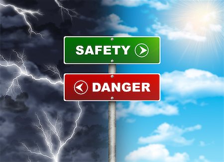 simsearch:400-07677344,k - Crossroads road sign. Right color sky - SAFETY, DANGER left thunder. Choice concept Stock Photo - Budget Royalty-Free & Subscription, Code: 400-07632263