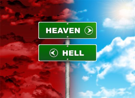 simsearch:400-07677344,k - Crossroads road sign. Right color sky - HEAVEN, HELL left red. Choice concept Stock Photo - Budget Royalty-Free & Subscription, Code: 400-07632272