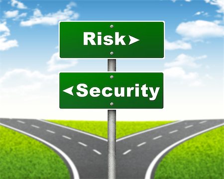 simsearch:400-07677344,k - Crossroads road sign. Pointer to the right Risk, but Security left. Choice concept Stock Photo - Budget Royalty-Free & Subscription, Code: 400-07632284