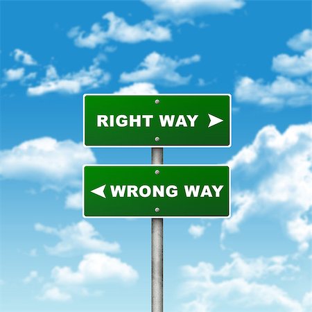 simsearch:400-05108001,k - Crossroads road sign. Pointer to the RIGHT WAY, but WRONG WAY left. Choice concept Stock Photo - Budget Royalty-Free & Subscription, Code: 400-07632283