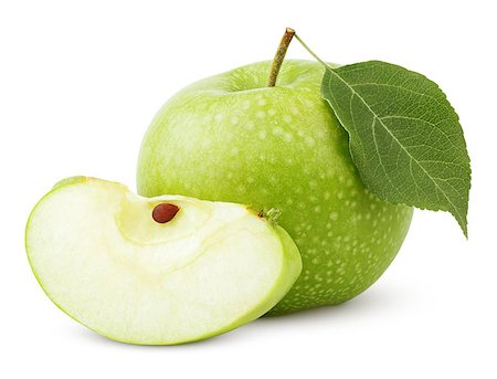 simsearch:400-08796295,k - Ripe green apple with leaf and slice isolated on a white background with clipping path Fotografie stock - Microstock e Abbonamento, Codice: 400-07632294