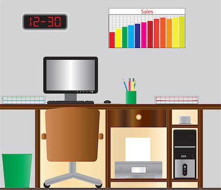 An Office Desk with Computer Monitor,Printer,Computer, Desk Tidy,Digital Clock and Sales  Chart. Stock Photo - Budget Royalty-Free & Subscription, Code: 400-07632469