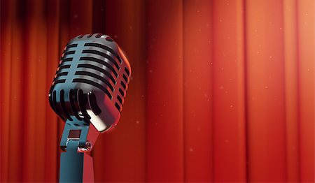 3d retro microphone on red curtain background, copy-space for your text Stock Photo - Budget Royalty-Free & Subscription, Code: 400-07632544