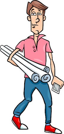 Cartoon illustration of Funny Young Man or Architect with Plans and Phone Stock Photo - Budget Royalty-Free & Subscription, Code: 400-07632702