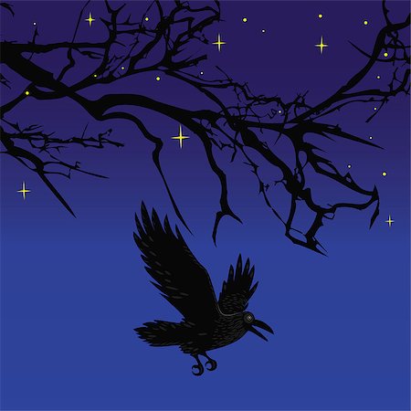 simsearch:400-05323054,k - Dark crow bird flying over scary halloween night tree illustration background vector Stock Photo - Budget Royalty-Free & Subscription, Code: 400-07633201