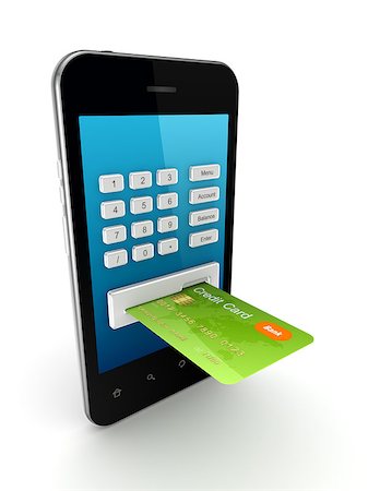 smartphone payment - Colorful credit card connected to mobile phone.Isolated on white background.3d rendered. Foto de stock - Super Valor sin royalties y Suscripción, Código: 400-07633295