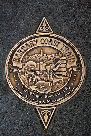 simsearch:400-04808154,k - Sign of Barbary Coast Trail in downtown San Francisco, California, USA. Barbary Coast Trail connects the historic site between the 1849 Gold Rush time to the 1906 Earthquake. Fotografie stock - Microstock e Abbonamento, Codice: 400-07633371