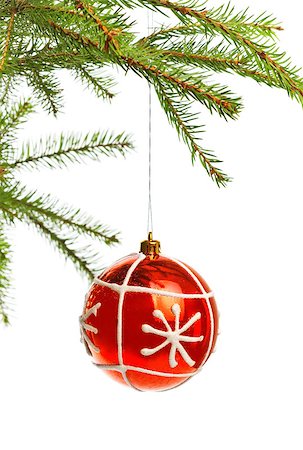 simsearch:400-06477568,k - red decoration ball on spruce branch, isolated on white Stock Photo - Budget Royalty-Free & Subscription, Code: 400-07633408