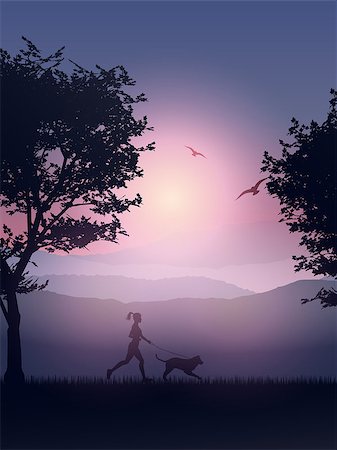 Silhouette of a female jogging in the countryside with her dog Stock Photo - Budget Royalty-Free & Subscription, Code: 400-07633778