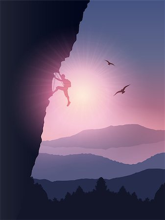 Silhouette of a rock climber climbing a mountain against a sunset sky Stock Photo - Budget Royalty-Free & Subscription, Code: 400-07633783