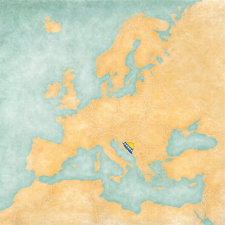 Bosnia and Herzegovina (flag) on the map of Europe. The Map is in vintage summer style and sunny mood. The map has a soft grunge and vintage atmosphere, which acts as watercolor painting on old paper. Photographie de stock - Aubaine LD & Abonnement, Code: 400-07633936