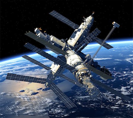 simsearch:400-08221425,k - Space Station Orbiting Earth. 3D Scene. Stockbilder - Microstock & Abonnement, Bildnummer: 400-07656724