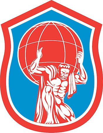 Illustration of Atlas carrying globe world earth on shoulders viewede from front set inside shield done in retro style. Photographie de stock - Aubaine LD & Abonnement, Code: 400-07656891