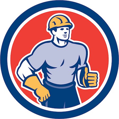 simsearch:400-07747598,k - Illustration of a construction worker wearing hardhat standing thumbs up facing front set inside circle done in retro style. Photographie de stock - Aubaine LD & Abonnement, Code: 400-07656960