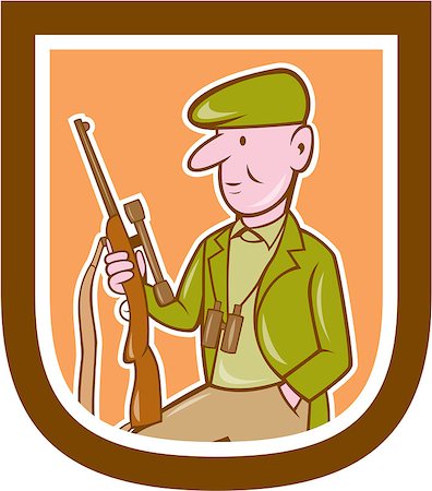 Illustration of a hunter holding rifle looking to the side set inside shield crest on isolated background done in cartoon style. Stock Photo - Budget Royalty-Free & Subscription, Code: 400-07656977