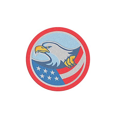 simsearch:400-06891855,k - Metallic styled illustration of a bald eagle clutching an american stars and stripes flag set inside circle on isolated background done in retro style. Fotografie stock - Microstock e Abbonamento, Codice: 400-07656997