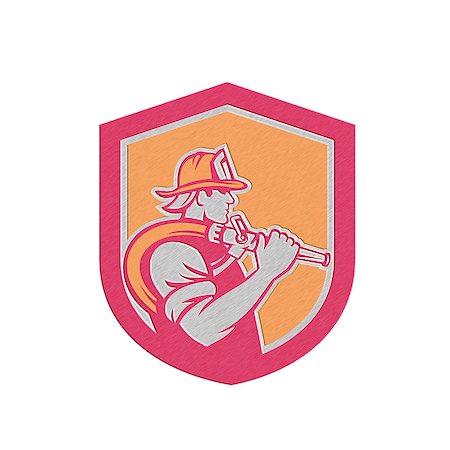 simsearch:400-07429745,k - Metallic styled illustration of a fireman fire fighter emergency worker holding fire hose over his shoulder viewed from the side set inside shield crest done in retro style. Stock Photo - Budget Royalty-Free & Subscription, Code: 400-07657003