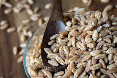 simsearch:400-08428404,k - Loose grains of farro in a bowl with a spoon. Stock Photo - Budget Royalty-Free & Subscription, Code: 400-07658100