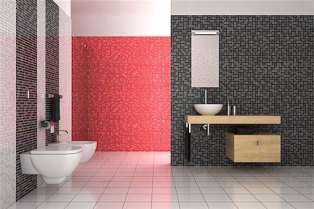 modern bathroom with black, red and white tiles Stock Photo - Budget Royalty-Free & Subscription, Code: 400-07658337