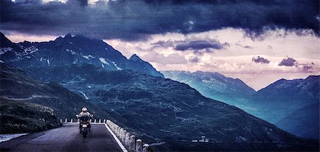 Grunge style photo of motorcyclist on mountainous highway, riding in the evening in overcast weather, traveling along European mountains Stock Photo - Budget Royalty-Free & Subscription, Code: 400-07658473