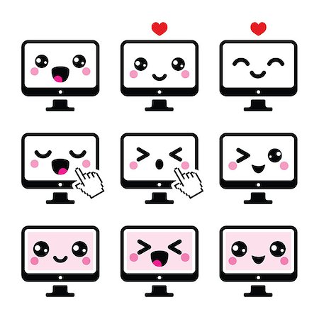 Vector icons set of computer Kawaii isolated on white Stock Photo - Budget Royalty-Free & Subscription, Code: 400-07658489