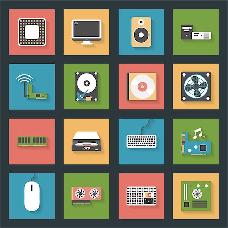 simsearch:400-04313692,k - Computer peripherals and parts flat icons set design vector graphic illustration Fotografie stock - Microstock e Abbonamento, Codice: 400-07659504