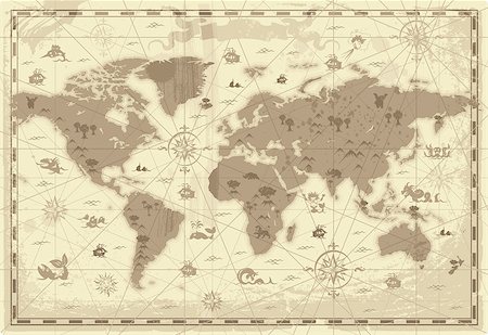 fantasy fish art - Retro-styled map of the World with mountains and fantasy monsters. Colored in sepia. Vector illustration. Stock Photo - Budget Royalty-Free & Subscription, Code: 400-07659741