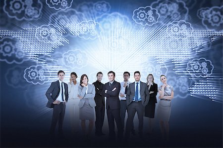 simsearch:400-07665756,k - Group of business partners looking at camera against cogs and wheels pattern Stock Photo - Budget Royalty-Free & Subscription, Code: 400-07664054