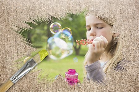 Composite image of little girl blowing bubbles against weathered surface with paintbrushes Photographie de stock - Aubaine LD & Abonnement, Code: 400-07664113
