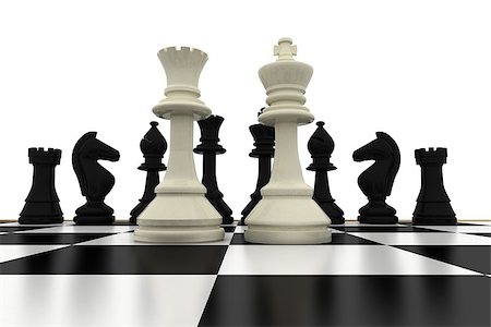 simsearch:400-06864252,k - White king and queen standing in front of black pieces on white background Stock Photo - Budget Royalty-Free & Subscription, Code: 400-07664676