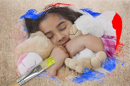 Composite image of little girl cuddling teddys with paintbrush dipped in yellow against weathered surface Stock Photo - Budget Royalty-Free & Subscription, Code: 400-07665025