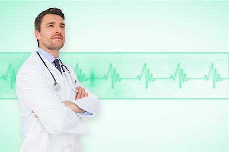 ecg electrodes - Handsome young doctor with arms crossed against green medical background with ecg line Stock Photo - Budget Royalty-Free & Subscription, Code: 400-07665094