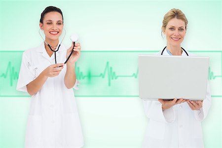 ecg electrodes - Composite image of happy female medical team against green medical background with ecg line Stock Photo - Budget Royalty-Free & Subscription, Code: 400-07665118
