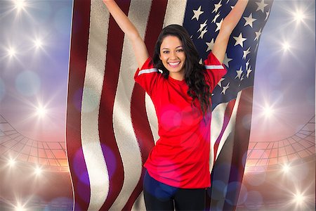 Cheering football fan in red holding usa flag against large football stadium under purple sky Stock Photo - Budget Royalty-Free & Subscription, Code: 400-07665232