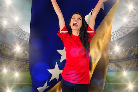 Cheering football fan in red holding bosnian flag against large football stadium with lights Photographie de stock - Aubaine LD & Abonnement, Code: 400-07665233