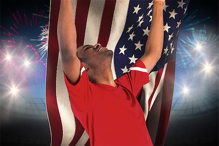 Excited handsome football fan cheering against fireworks exploding over football stadium and usa flag Stock Photo - Budget Royalty-Free & Subscription, Code: 400-07665327