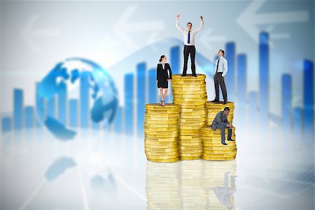 Composite image of business people on pile of coins against global business graphic in blue Stock Photo - Budget Royalty-Free & Subscription, Code: 400-07665644