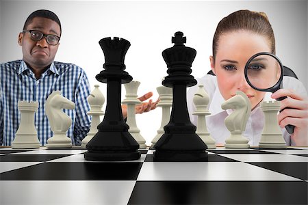 shoulder shrug - Composite image of business people with chessboard against white background with vignette Stock Photo - Budget Royalty-Free & Subscription, Code: 400-07665718