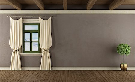 empty old living room - Mountain house with window and drapes - rendering Foto de stock - Super Valor sin royalties y Suscripción, Código: 400-07666509