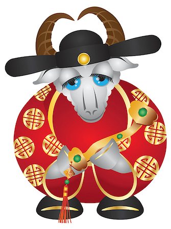 simsearch:400-08978362,k - 2015 Happy Chinese Lunar New Year of the Goat Prosperity Money God Holding Ruyi Scepter with Prosperity Text Illustration Isolated on White Background Foto de stock - Super Valor sin royalties y Suscripción, Código: 400-07666717