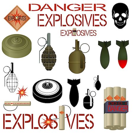 Explosive substances and objects used in industry and military affairs. Illustration on white background. Stock Photo - Budget Royalty-Free & Subscription, Code: 400-07666897