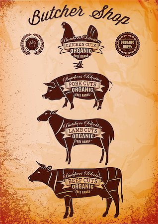 steak bacon - vector diagram cut carcasses of chicken, pig, cow, lamb Foto de stock - Super Valor sin royalties y Suscripción, Código: 400-07667042